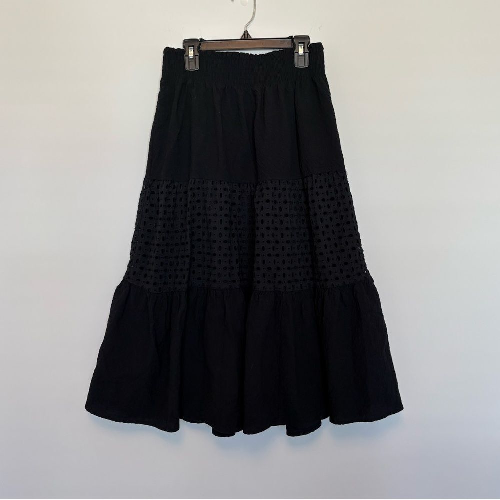 Nine West Eyelet Midi Skirt Black Boho cottage whimsygoth Women's XS